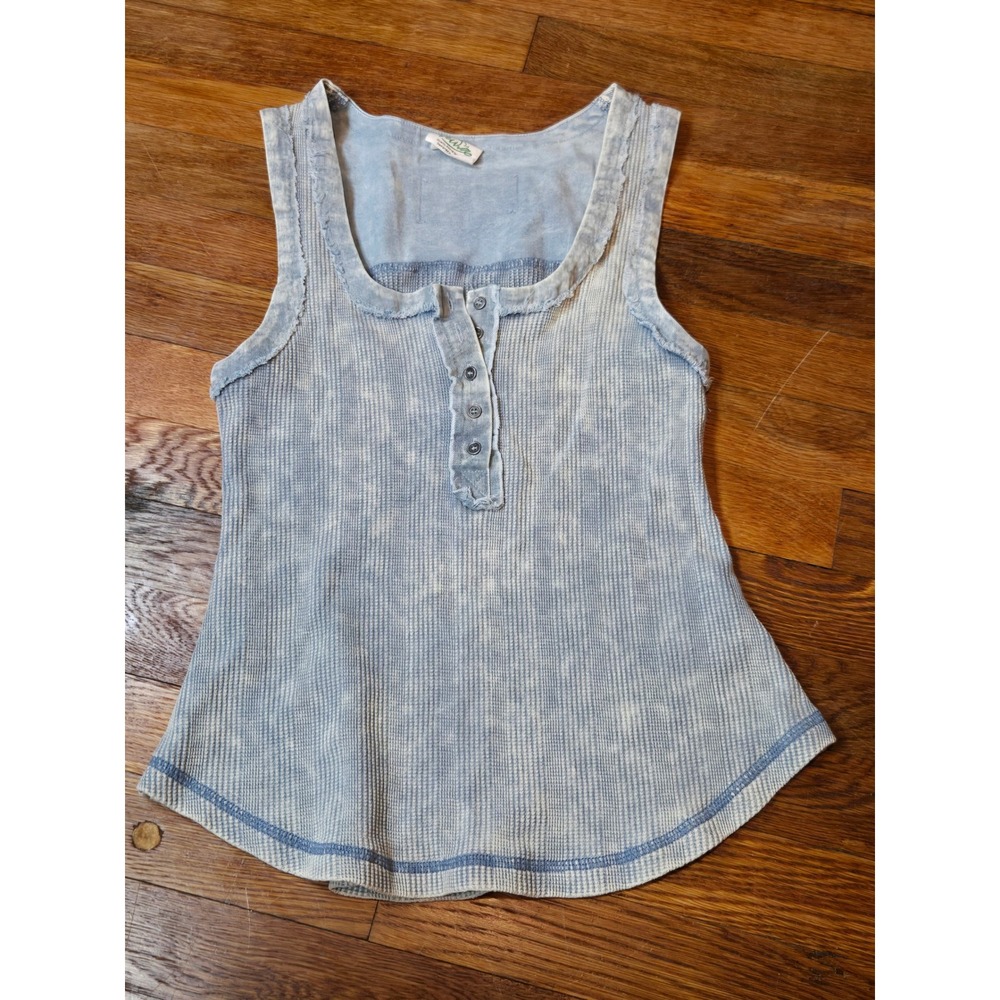 Newin Waffle Knit Henley Tank Top Blue Acid Wash Distressed Boho Small